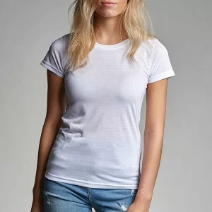 T-shirt 100% poliéster 180g mulher com toque de algodão