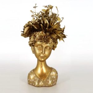 Vaso Busto Senhora C/Flores Artif.Ouro 18X14X35Cm