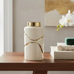 Pote Porcelana Onda Ouro/Beje 14X14X22.5Cm