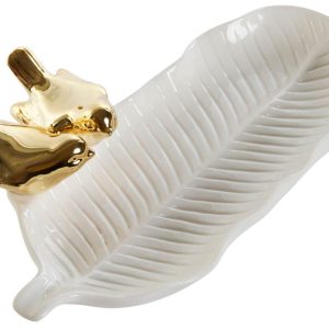 Bandeja Porcelana Esvazia Bolsos 25x13x6 Branco e Ouro