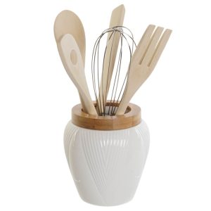 Set 6 Pcs Utencílios Bambu+Suporte Porcelana Branco