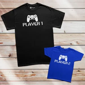 T-shirt Player 1 Player 2 Game Over conjunto pais e filhos